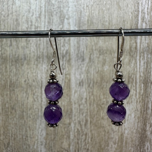 925‎ Sterling Silver Amethyst Purple Faceted Dangle Drop Earrings - Picture 1 of 7